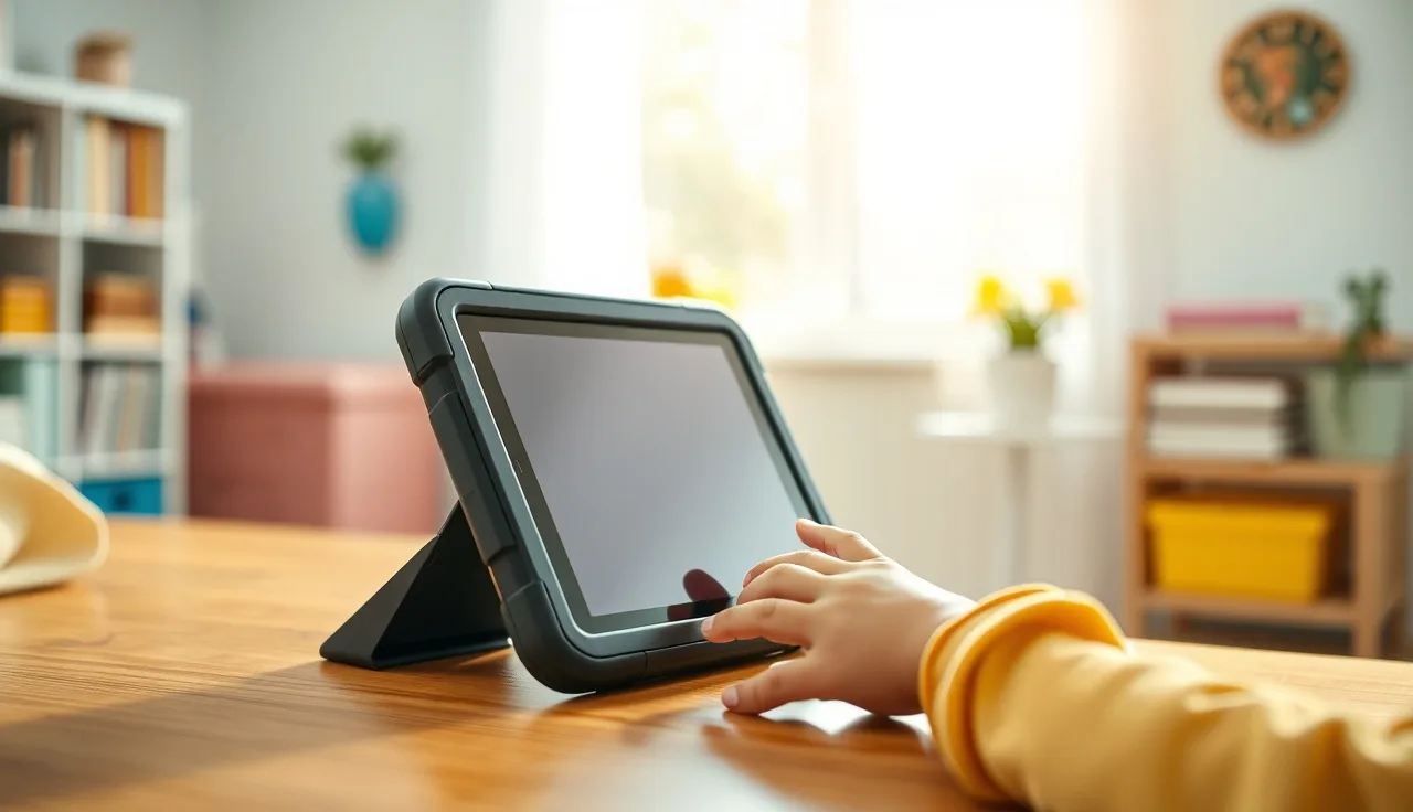 Child's hand reaching toward a tablet in a rugged protective case on a therapy table