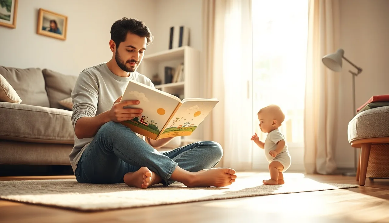 Parent and toddler looking at a picture book together on a living room floor