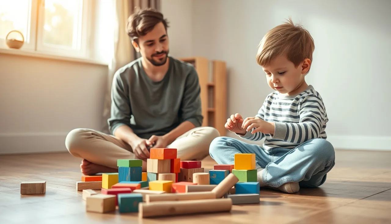 Parent sitting beside child arranging blocks on floor during quiet play