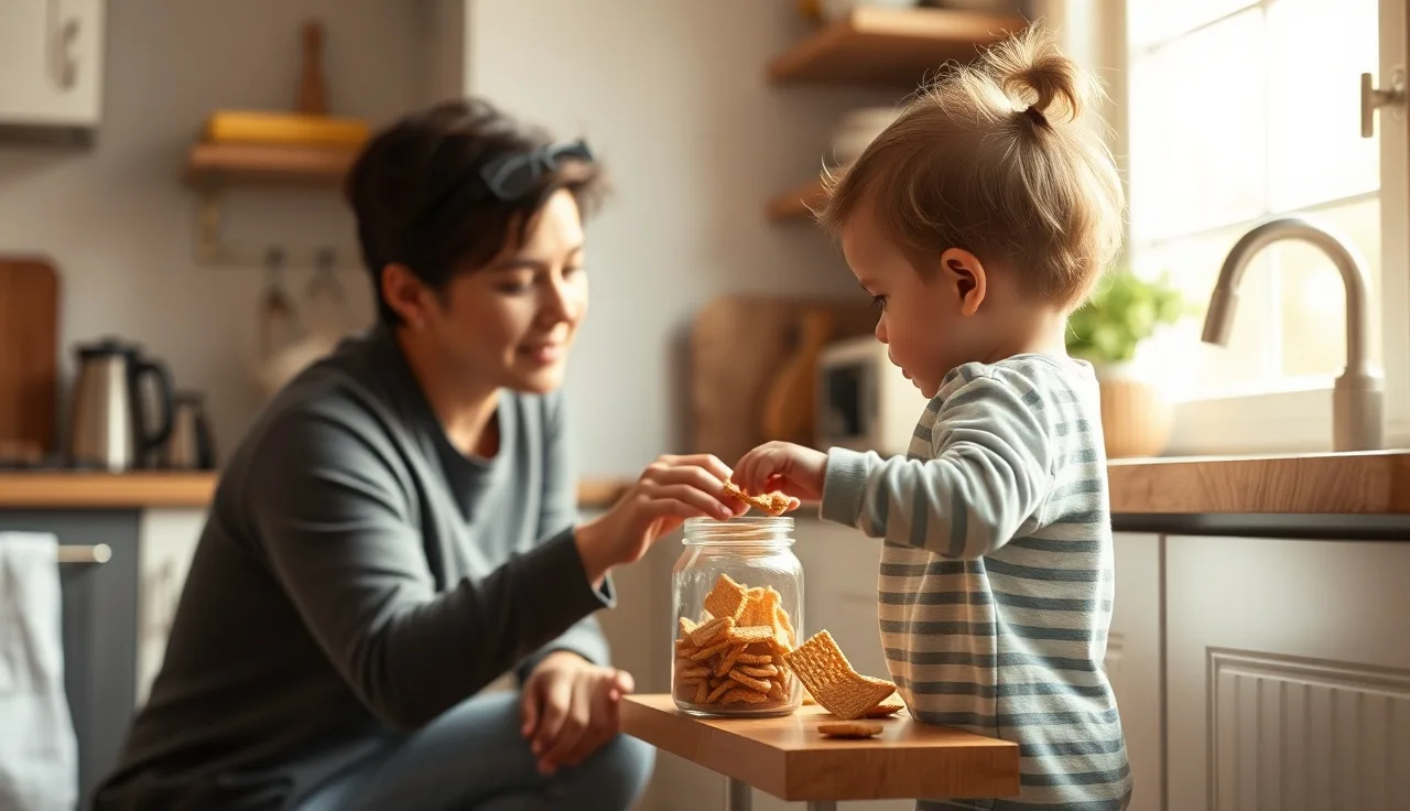 Toddler reaching for snack jar while parent waits with expectant expression