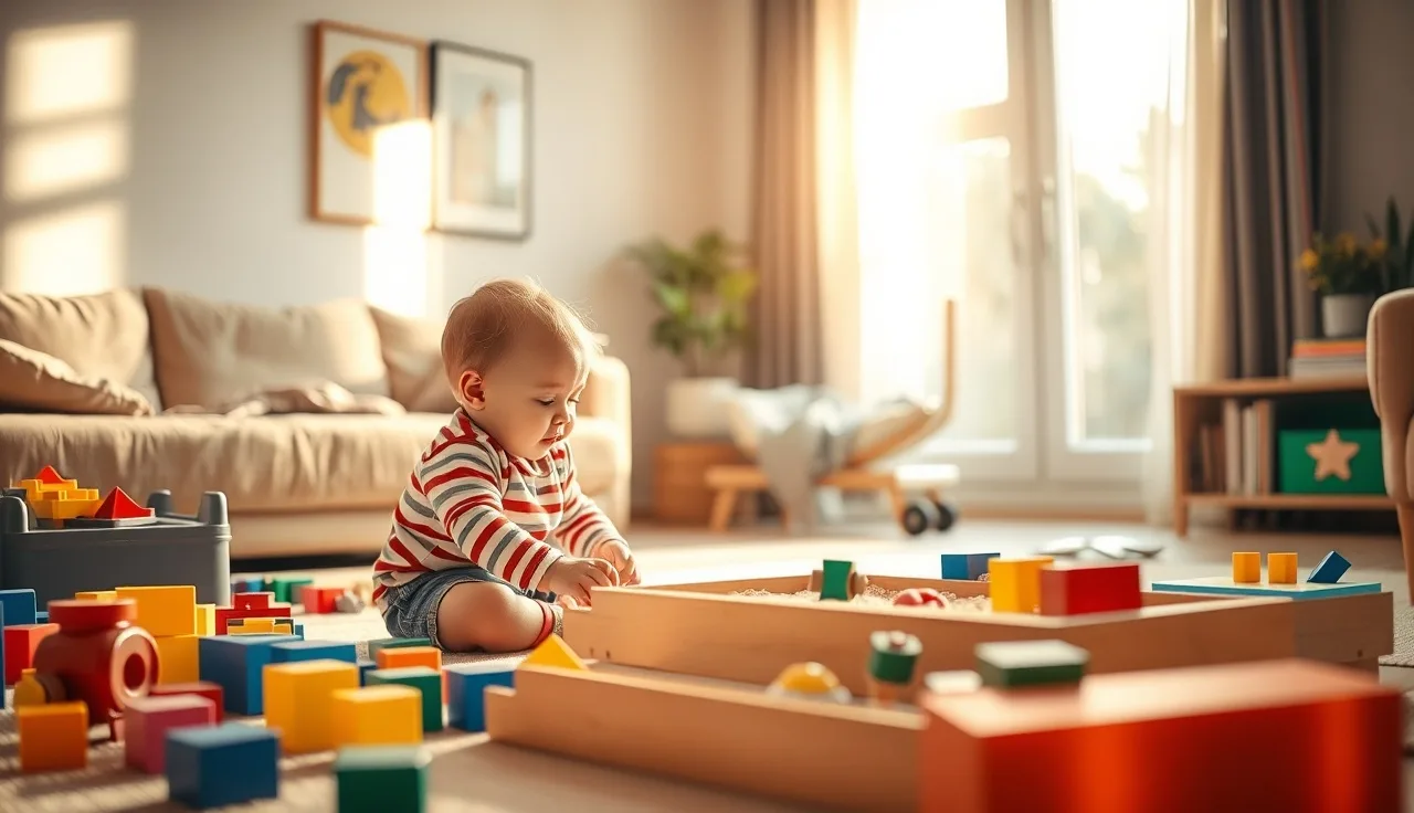 Toddler and parent playing with sensory toys on a sunlit living room floor