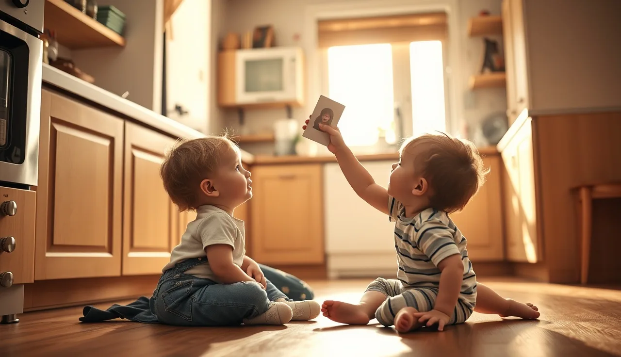 Parent holds picture card for toddler on kitchen floor to reduce tantrum