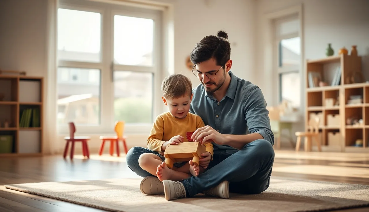 Parent and young child playing on a preschool classroom rug during a speech session