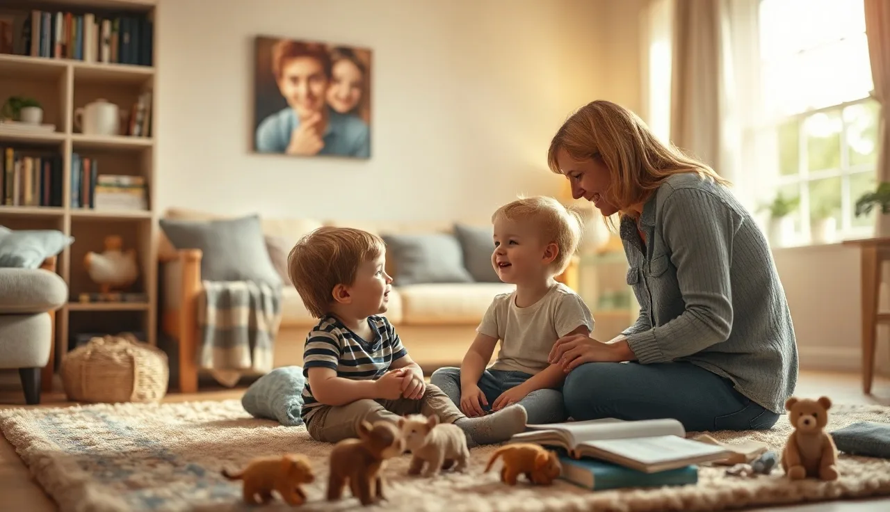 Young autistic child talking with a parent on a living room floor