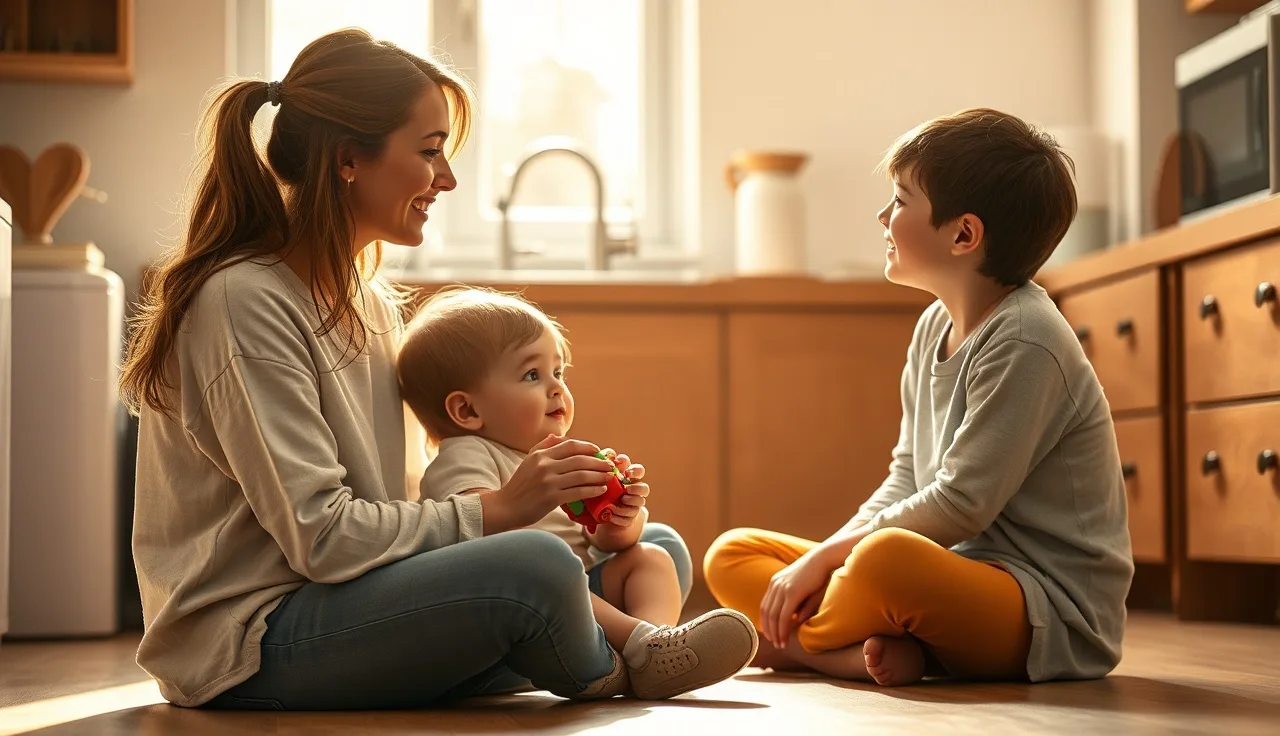 Mother and young child communicating on kitchen floor, warm morning light