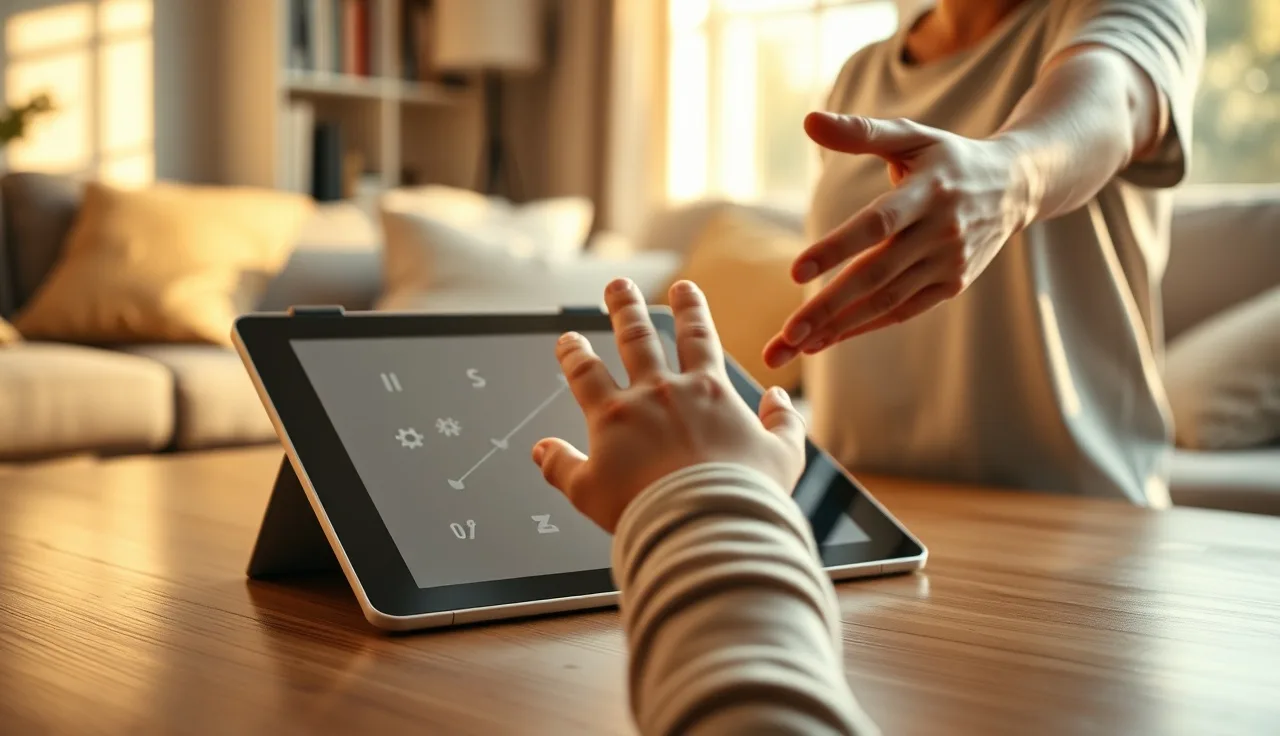Child's hands reaching toward AAC communication tablet on a wooden table