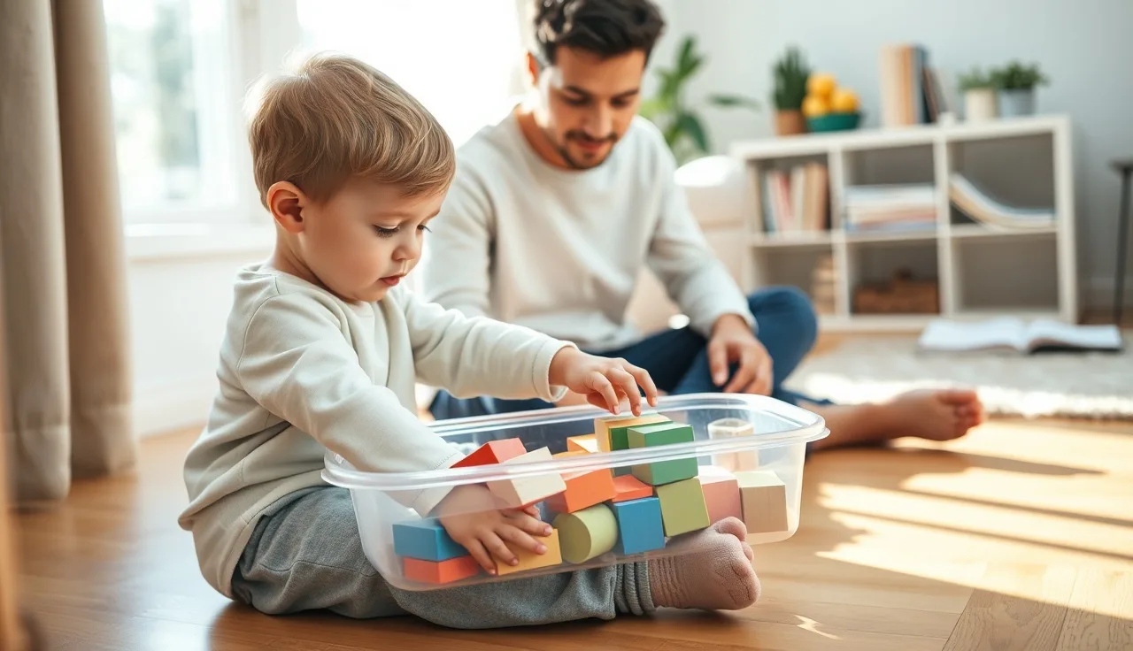 Parent and young child on floor reaching toward container of wooden blocks