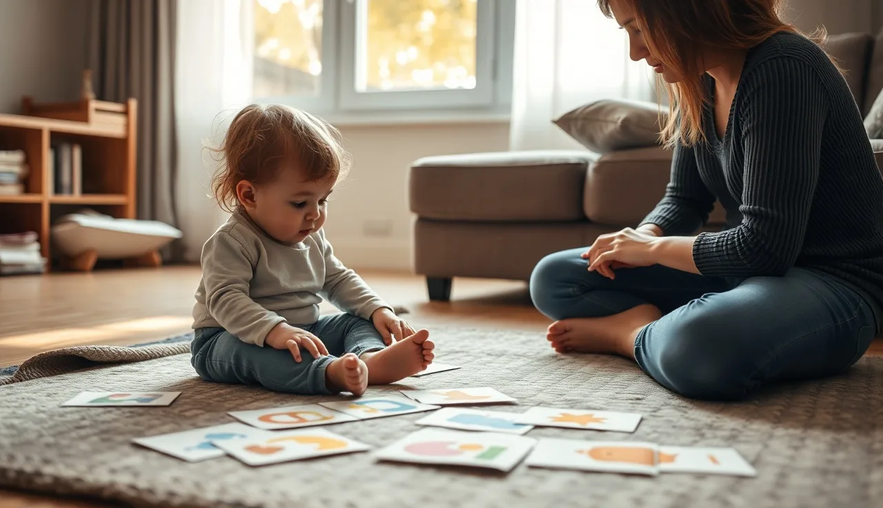 Child and speech therapist reviewing picture cards to address echolalia at home