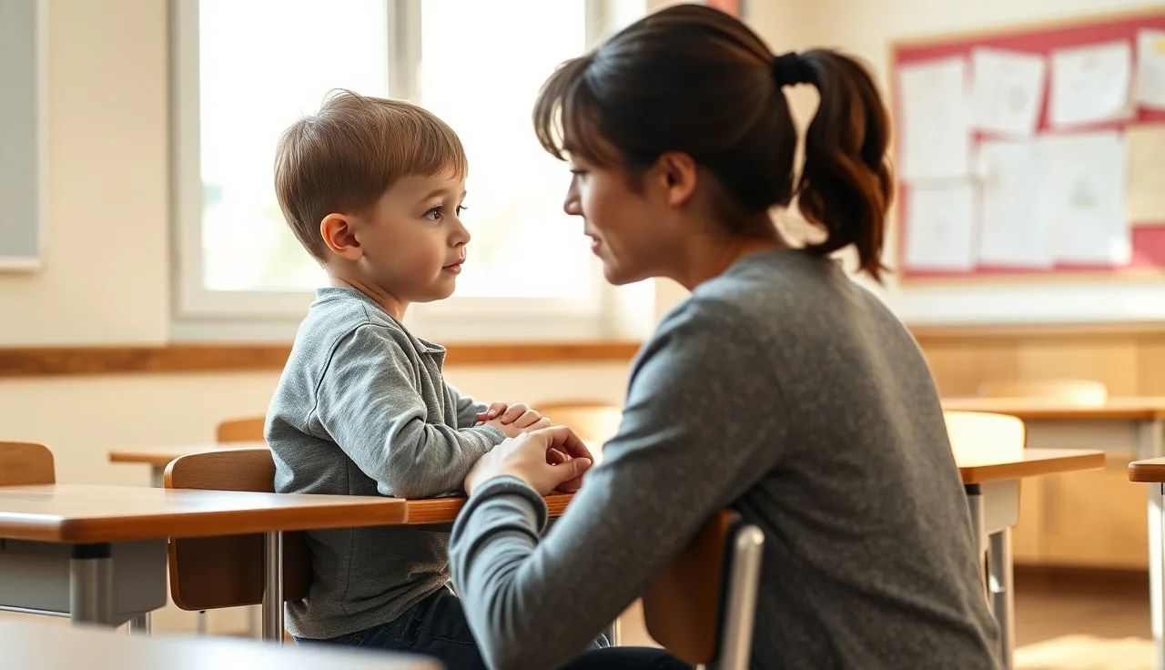 Young child sitting silently at school desk while teacher kneels beside them