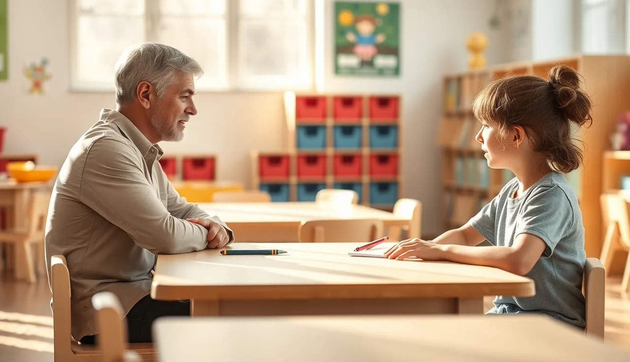 Parent and preschool teacher having a conversation at a low classroom table