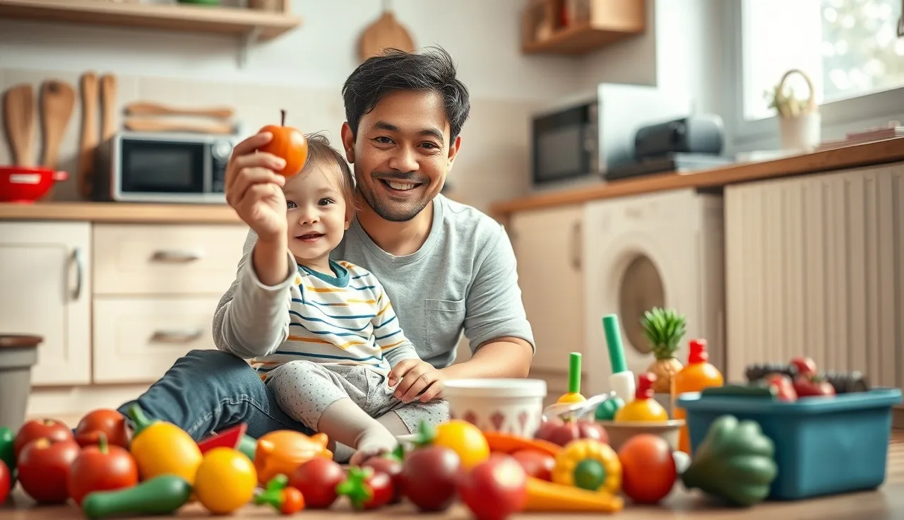 Parent and child on kitchen floor practicing naming toy food items together