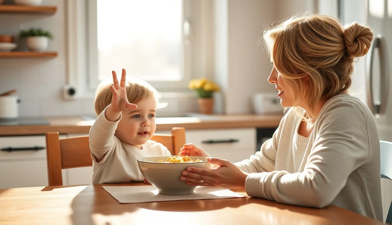 Parent offering cereal to toddler at kitchen table, practicing yes or no