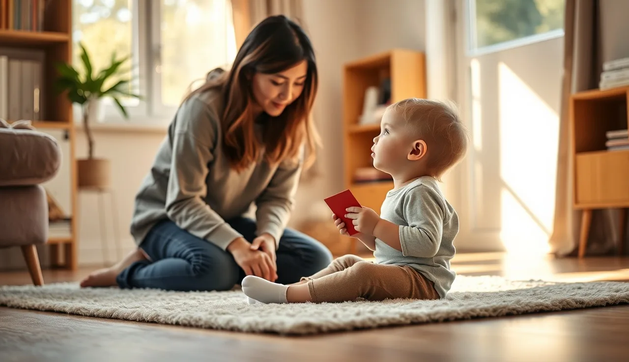 Young child holding a red break card while a parent kneels nearby calmly