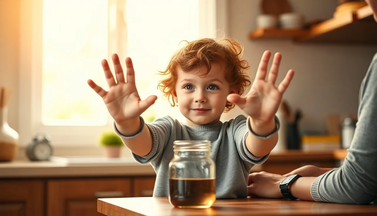 Young child reaching out with hands to ask a caregiver for help at a kitchen table