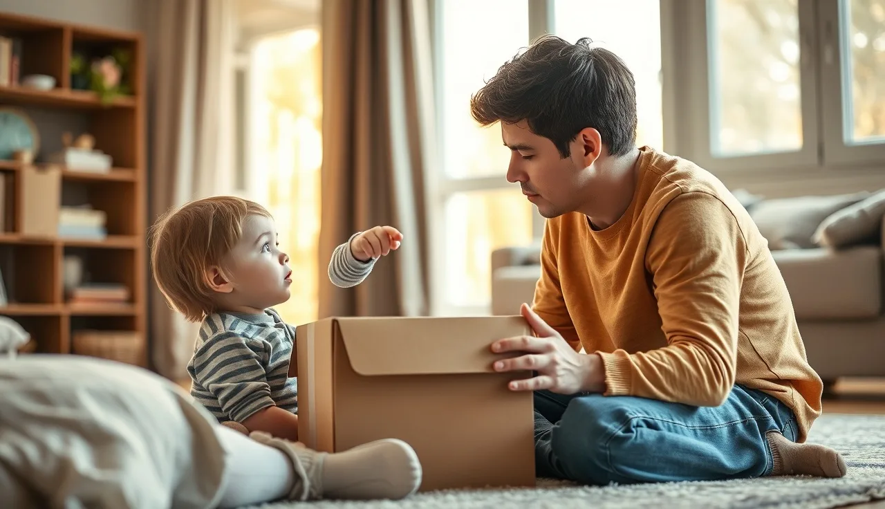 Young child pointing curiously at a closed box while adult waits, practicing question-asking