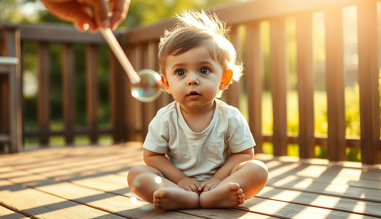 Young child with rounded lips blowing bubbles on a sunny wooden deck