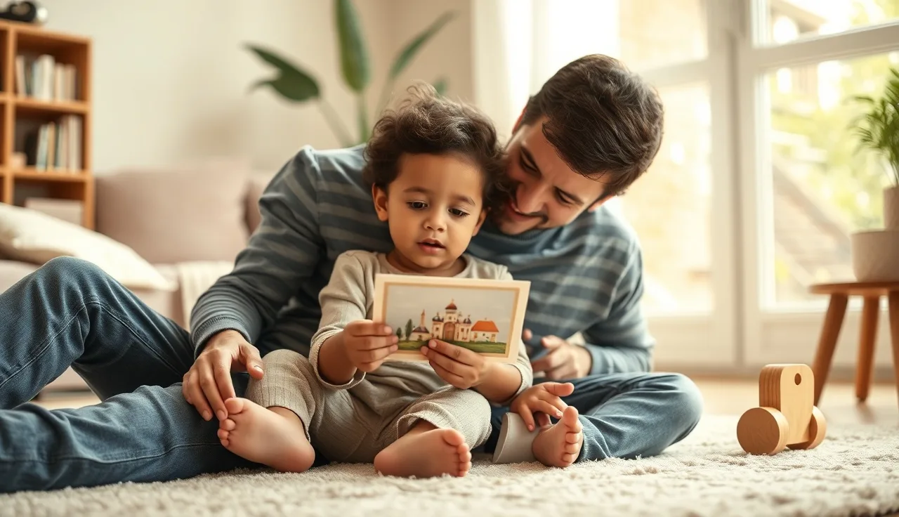 Parent and young child sitting on floor practicing calming communication with picture cards