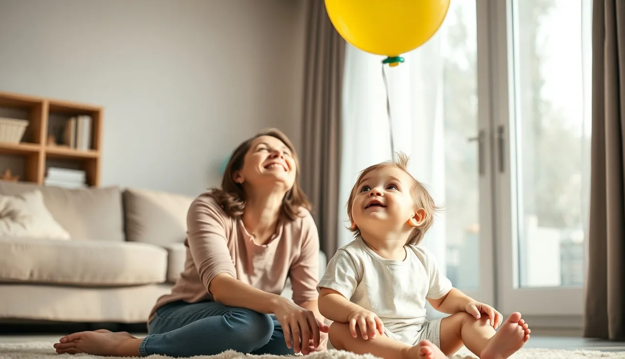 Mother and toddler sharing a moment of surprise watching a balloon float up