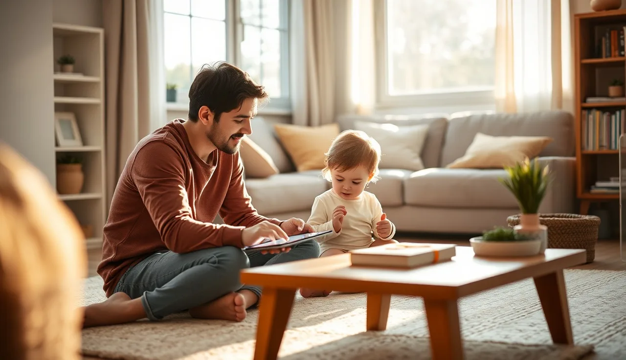 Parent and child reviewing photos together while using a communication tablet at home