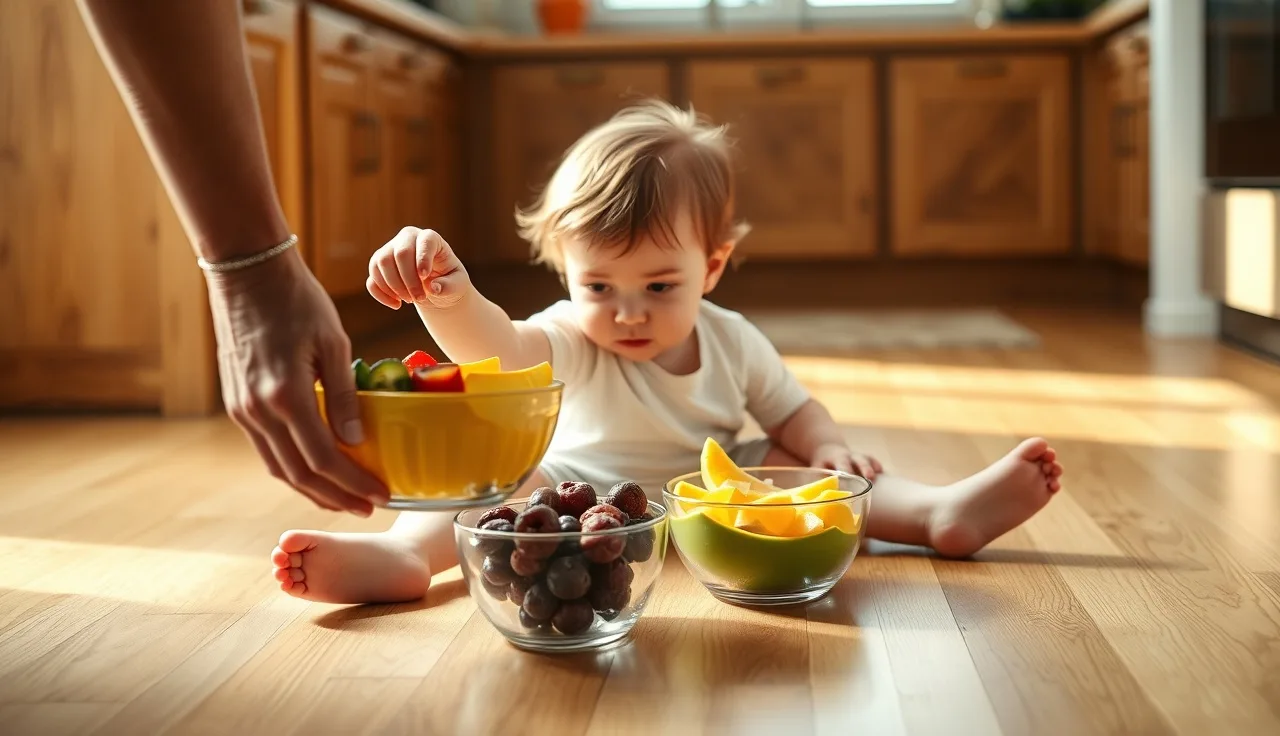 Toddler reaching toward a preferred snack bowl to communicate a food choice