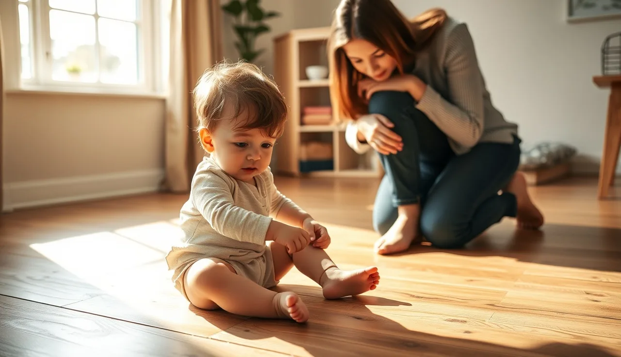 Parent kneeling to listen as young child points to knee in sunny room