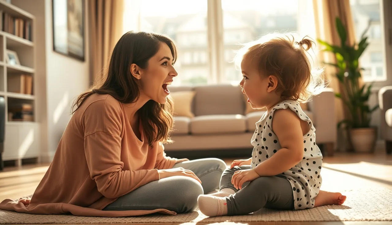 Mother and toddler practicing mouth movements face-to-face on a sunny floor