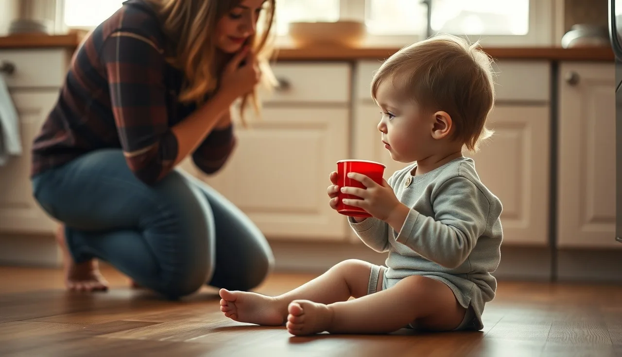 Toddler holding up a cup to initiate communication with a parent