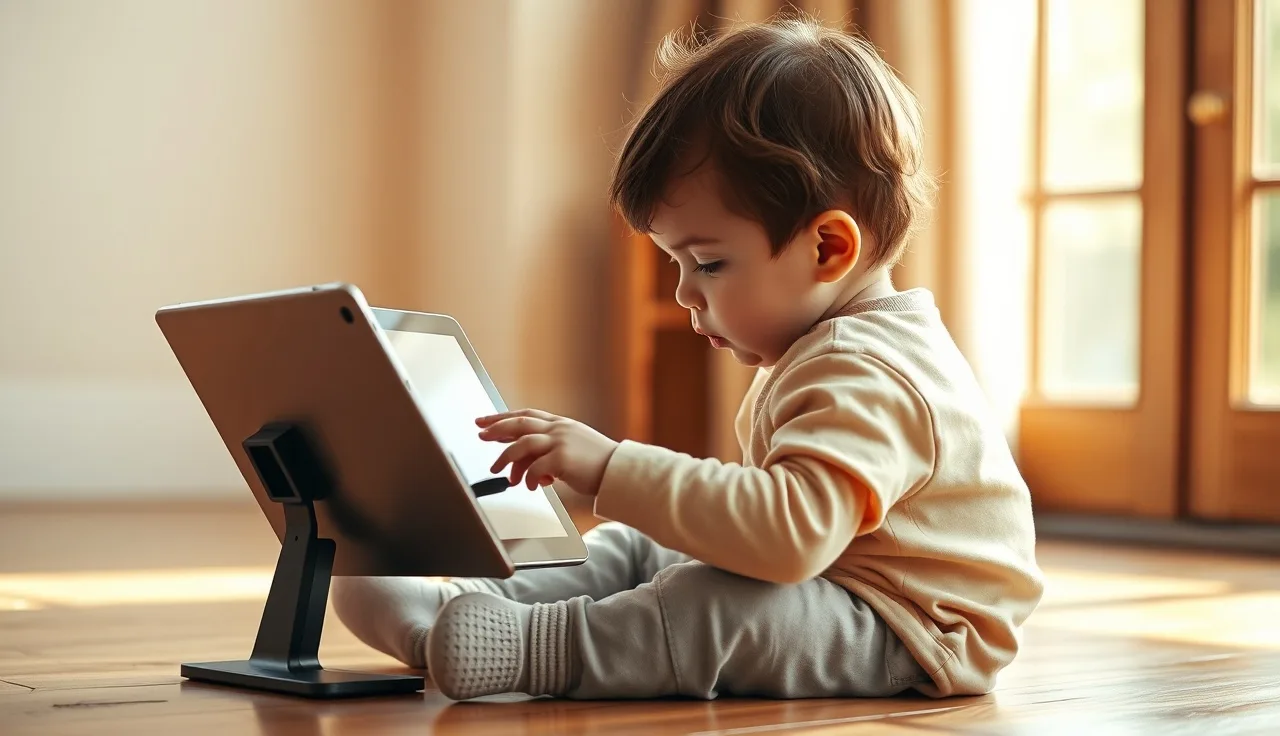 Young child using a mounted tablet AAC device on a wooden floor
