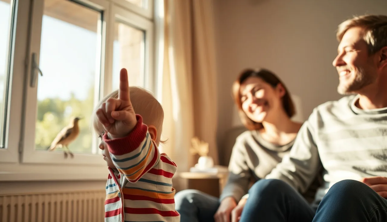Toddler pointing at a bird on a windowsill while parent watches and smiles