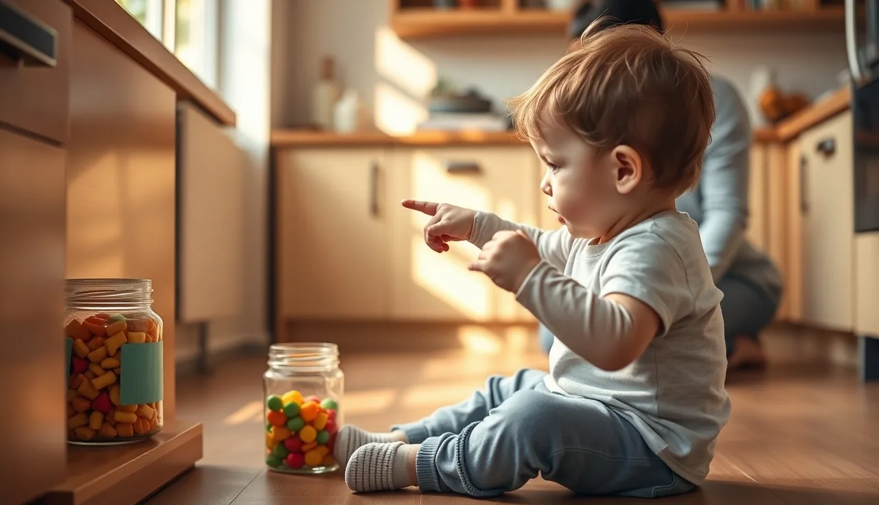 Toddler pointing toward a snack jar on a shelf with parent nearby