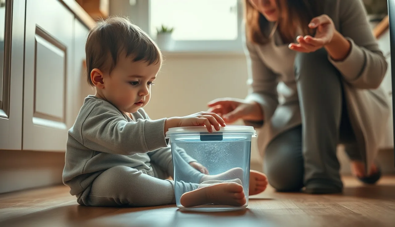 Young child reaching toward a closed container while a parent offers a helping hand