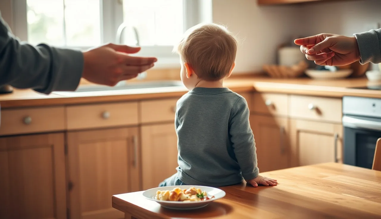 Young child turning away from offered food at a kitchen table