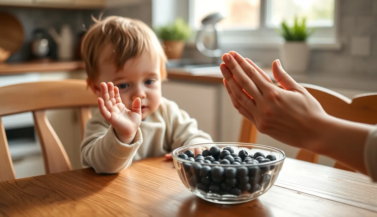 Toddler reaching for blueberries while adult models a requesting hand gesture