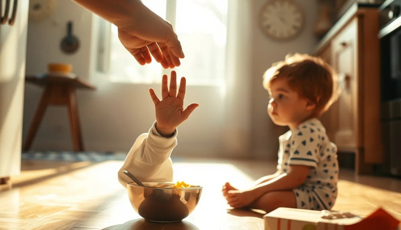 Young child raising palm to say stop or no during mealtime at home