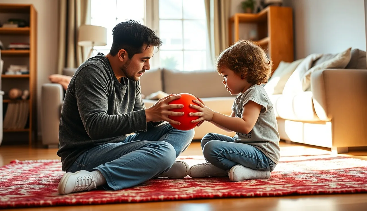 Parent and toddler taking turns rolling a red ball on a living room rug