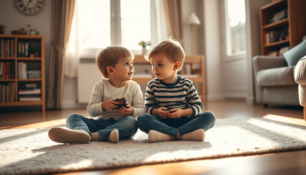 Two children talking together about different topics on a sunlit rug