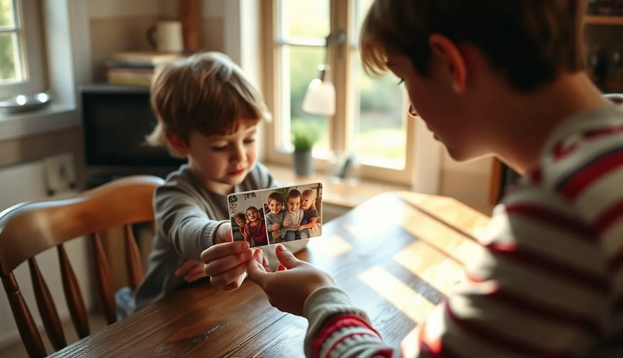 Child handing a picture card to a parent during a PECS communication exchange at home