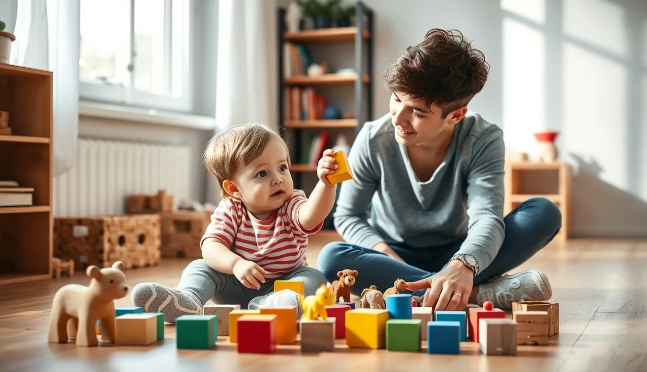 Parent and toddler playing with toys on a wooden floor practicing words