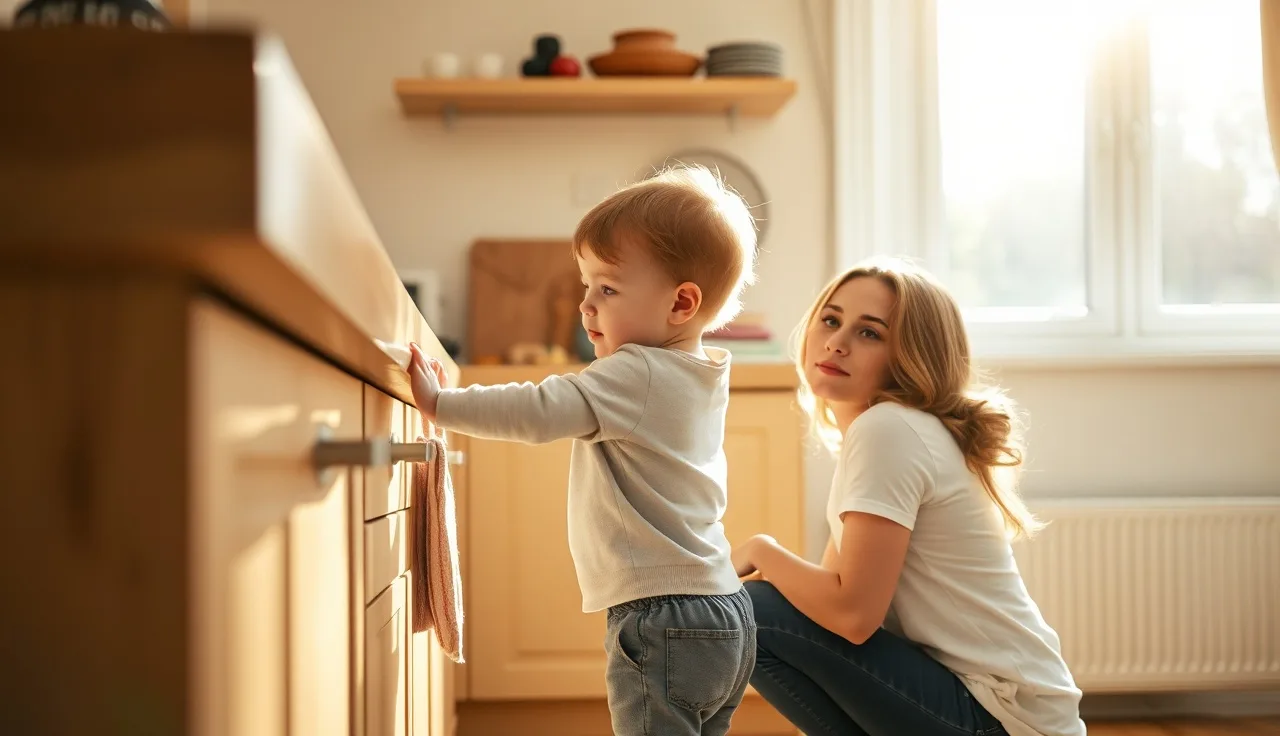 Toddler reaching toward kitchen counter while parent kneels to their eye level