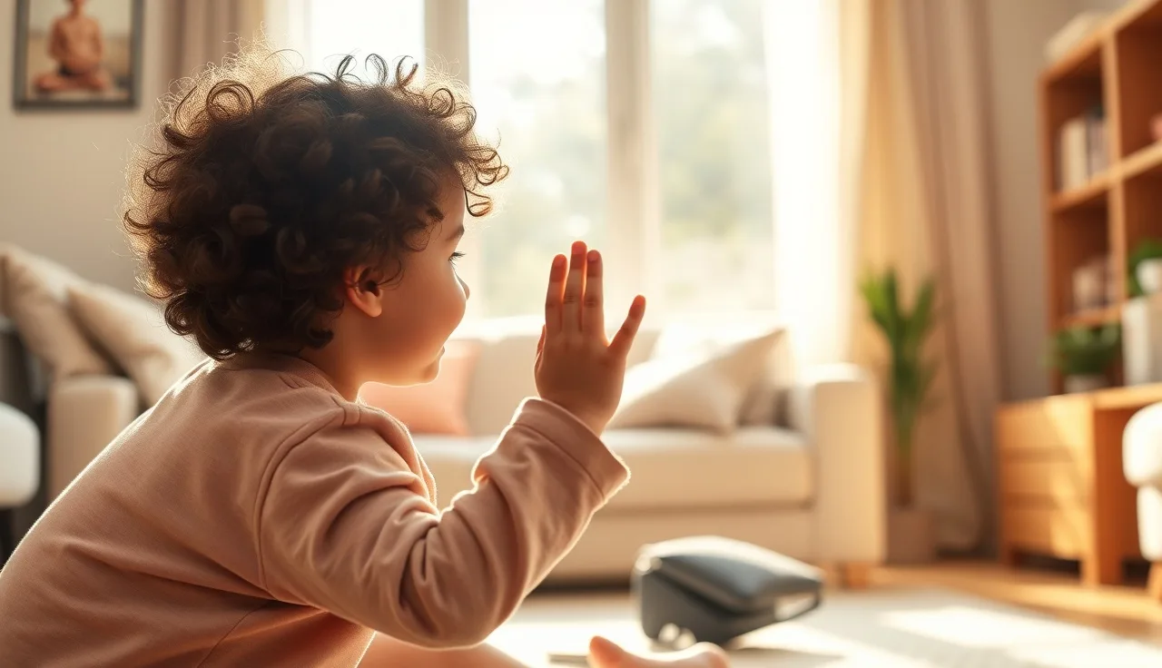 Toddler waving hello to a smiling adult kneeling at eye level indoors