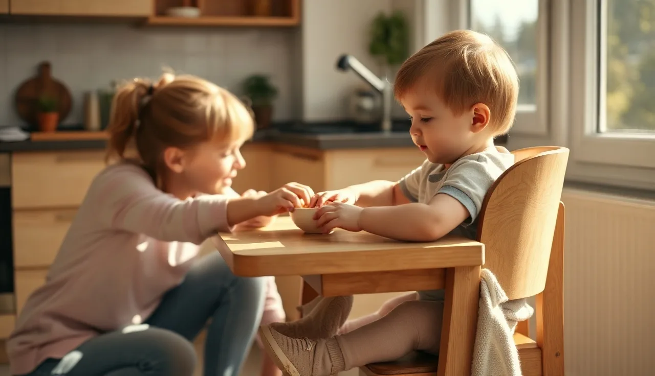 Toddler in high chair reaching toward snack bowl while parent waits nearby