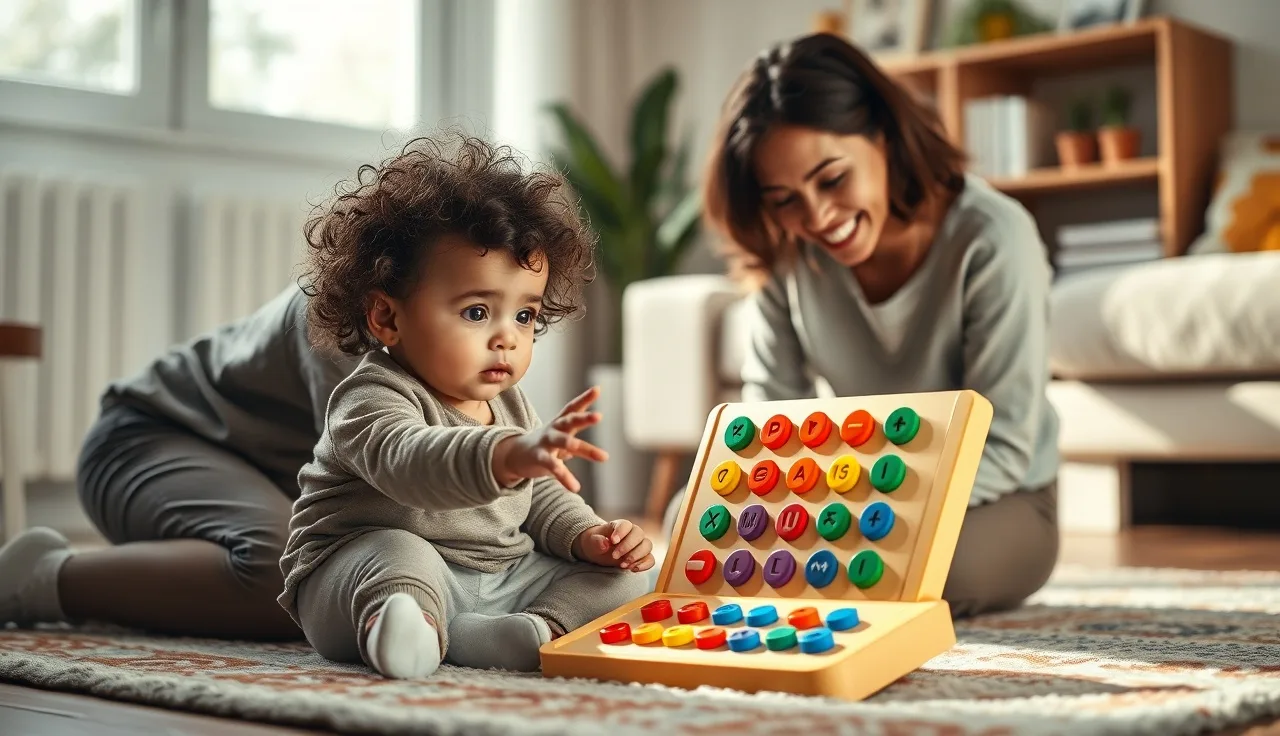 Child touching a symbol board while parent models AAC two-word combination at home