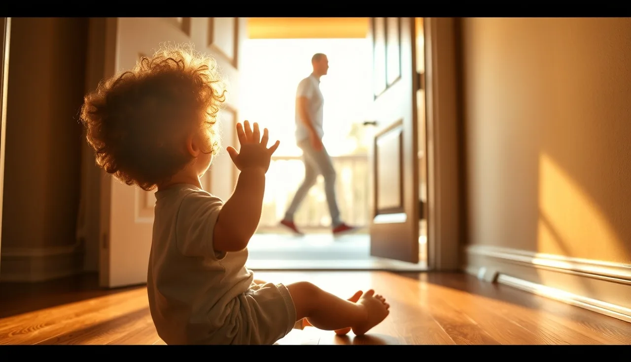 Toddler waving goodbye at an open front door in warm afternoon light