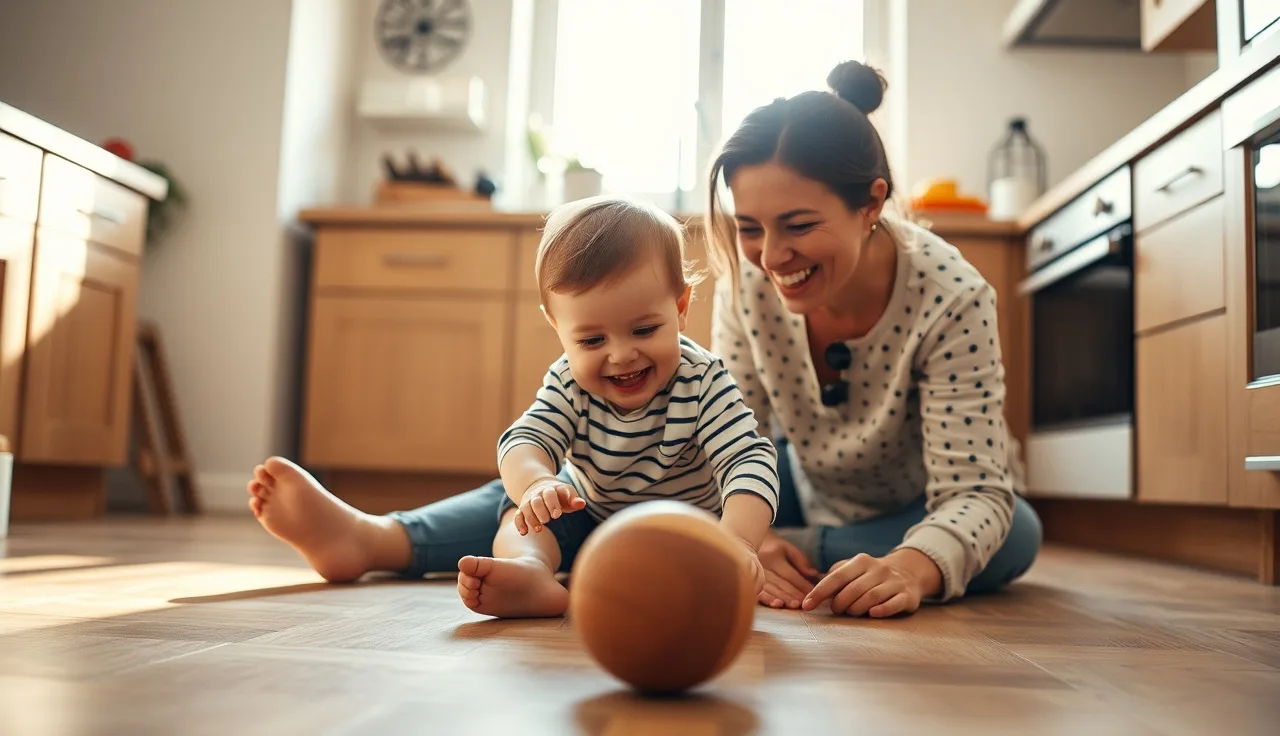 Parent and toddler playing with a rolling ball on a kitchen floor