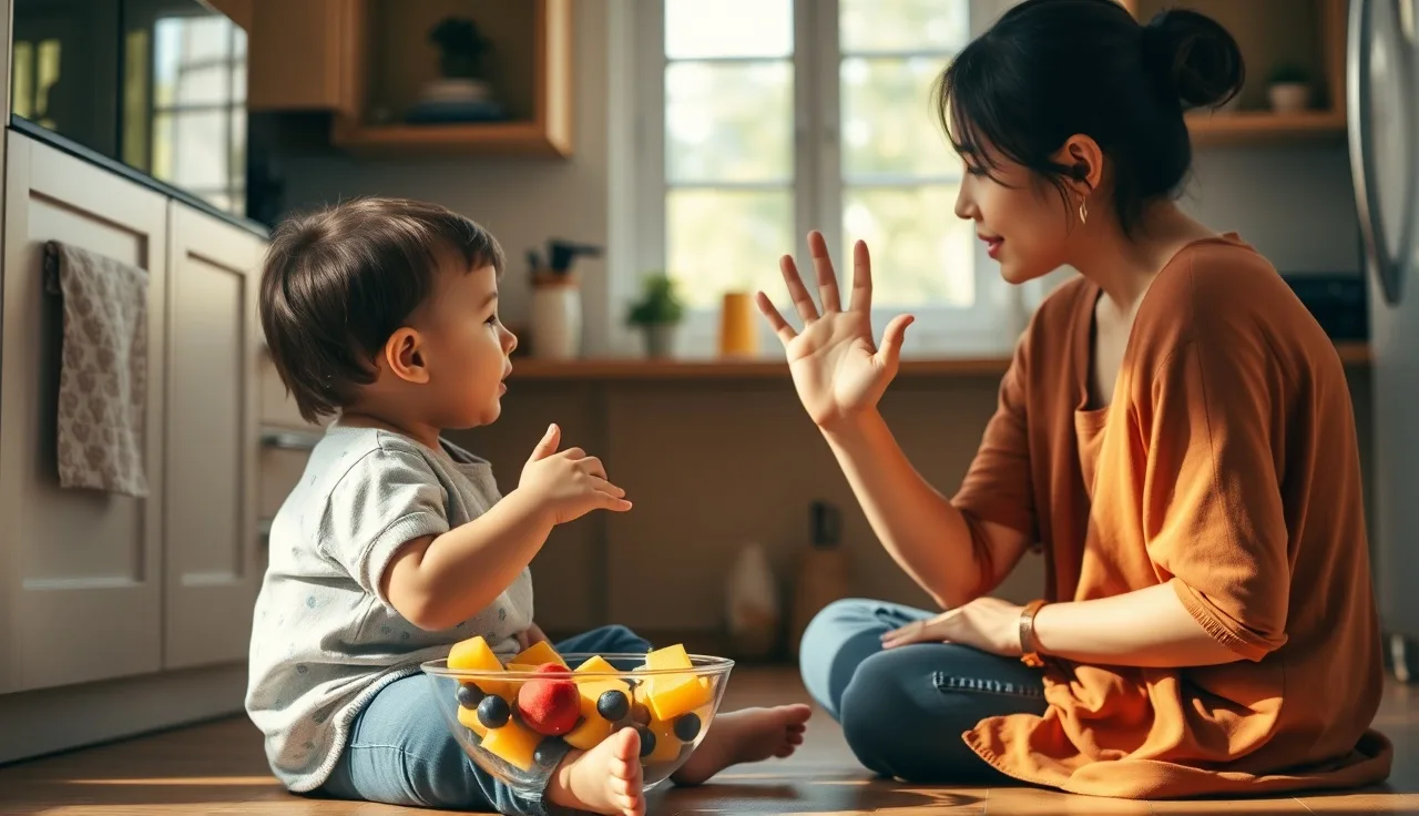 Parent signing to toddler during snack time on a kitchen floor