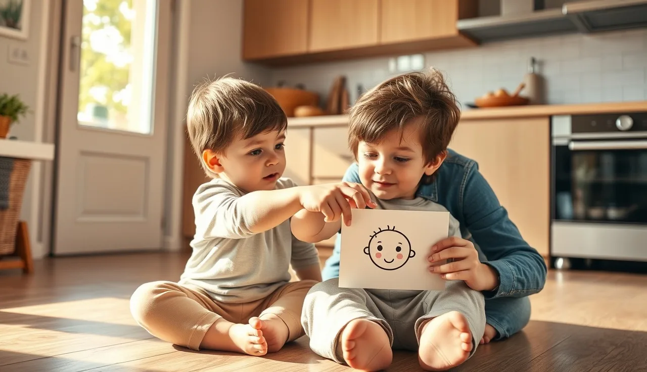 Parent and toddler looking at a feelings picture card on kitchen floor