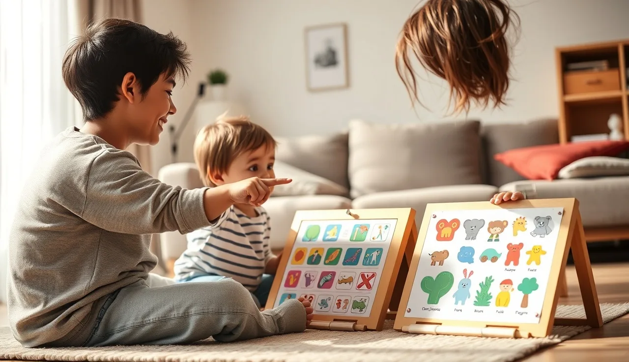 Parent and child using a AAC symbol board together on a living room floor