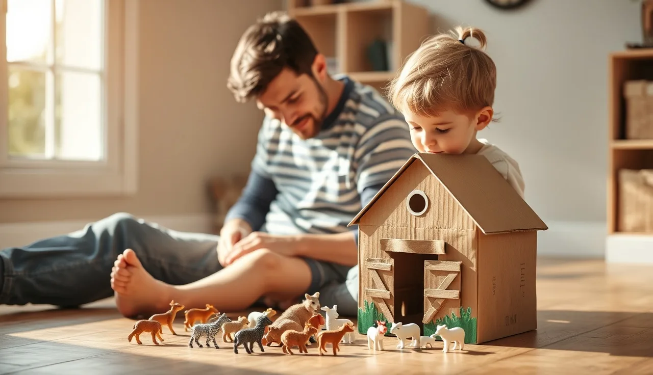 Adult and young child playing pretend with toy animals on a wooden floor