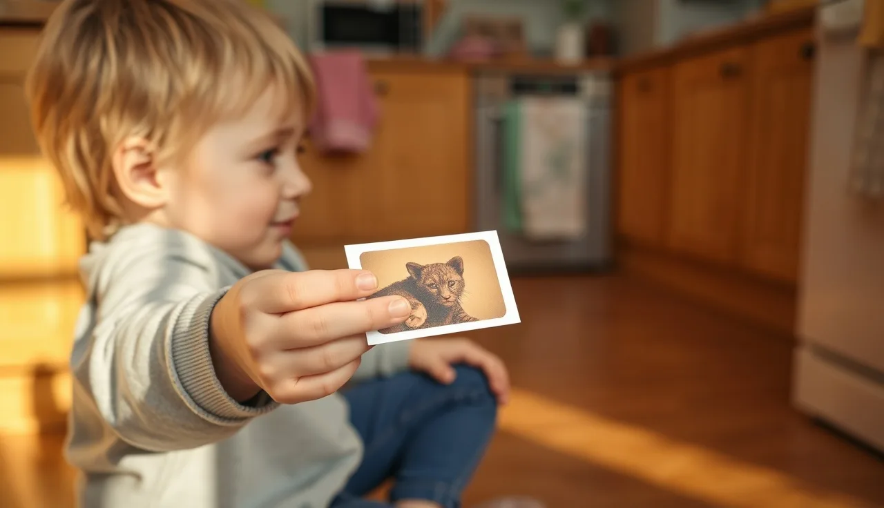 Young child handing a picture card to an adult during a requesting activity at home