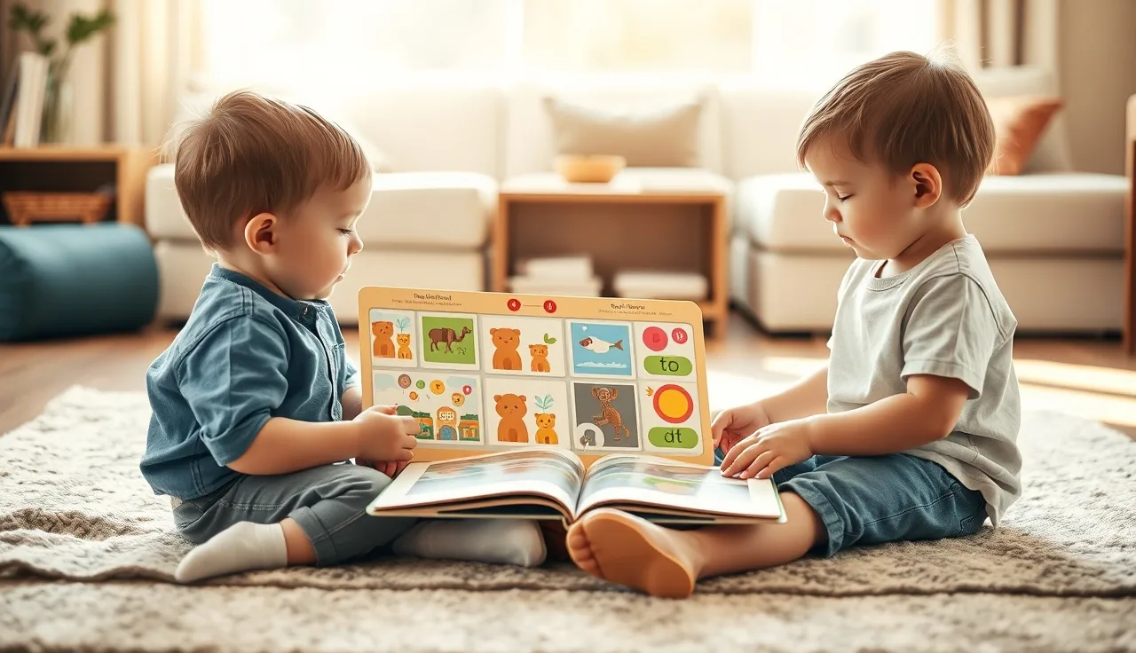 Two siblings on a rug sharing a picture communication board and a book